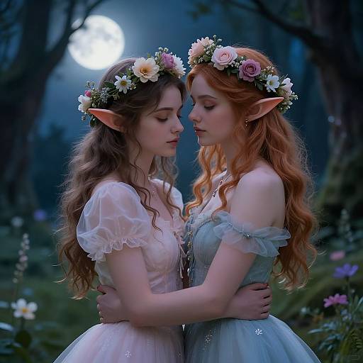 Digital artwork of two fairy-like women with pointed ears, wearing flower crowns and delicate dresses, embracing under a moonlit forest.