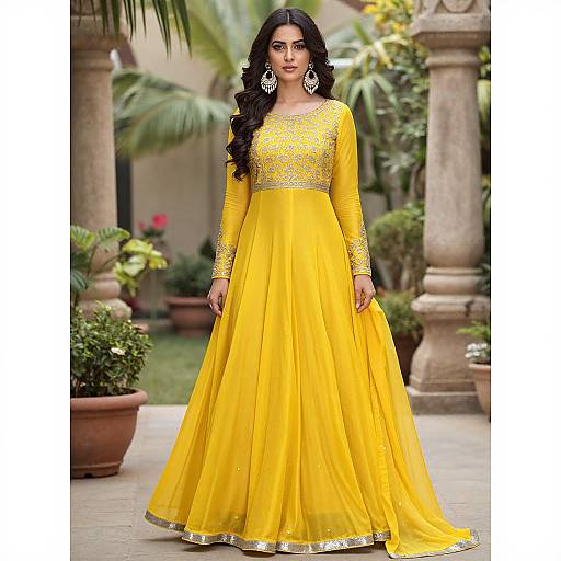 Photograph of an Indian woman with long black hair, wearing a vibrant yellow long-sleeve lehenga with silver embroidery, standing in a garden with