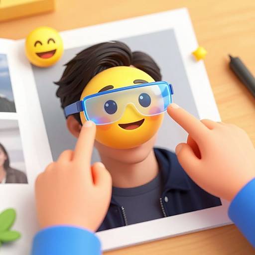 CGI image of hands adjusting a yellow emoji with glasses over a photograph of a person with black hair wearing a blue shirt. A smiley emoji and