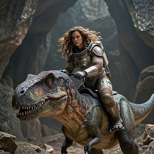 Digital artwork of a warrior with long brown hair riding a metallic-scaled, fierce-looking dinosaur in a rocky cave.