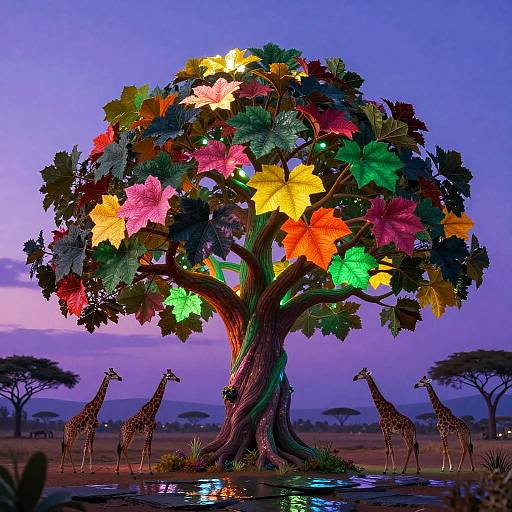 Luminous Mystical Fig Tree at Twilight with Giraffes