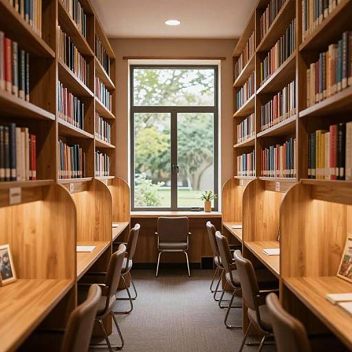 Photograph of a modern library with wooden bookshelves, evenly spaced study desks, black chairs, and a large window showing lush greenery.