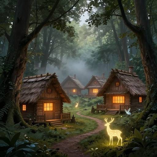 Whimsical forest scene with glowing wooden cabins, warm yellow lights, mist, and a luminous deer on a dirt path. Digital art.