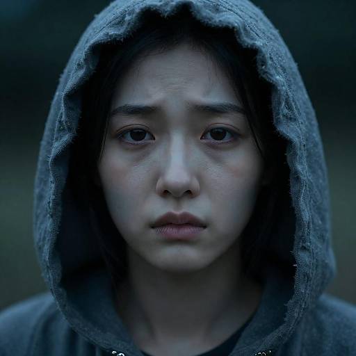 Close-up of Sad Woman in Gray Hood