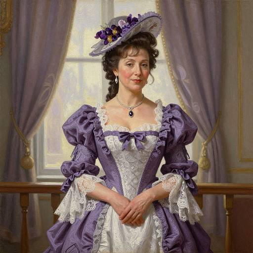 Photorealistic painting of a Victorian woman in a lavender dress with white lace, purple bow, and matching hat, standing in a sunlit room with