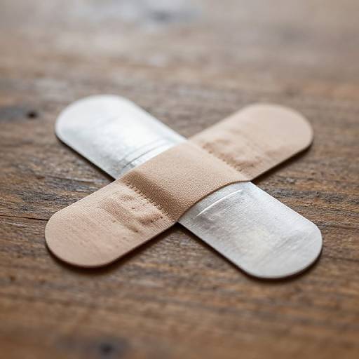 Close-up photograph of a silver and beige adhesive bandage with textured surfaces, placed diagonally on a rustic, wooden surface.
