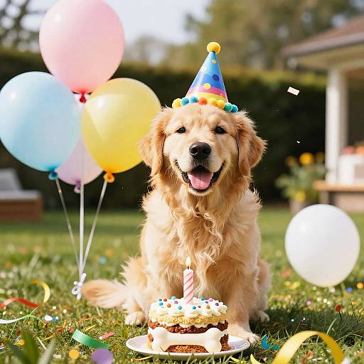 Photograph of a golden retriever wearing a blue party hat, sitting on grass with colorful balloons and a birthday cake in front. Sunny outdoor setting with