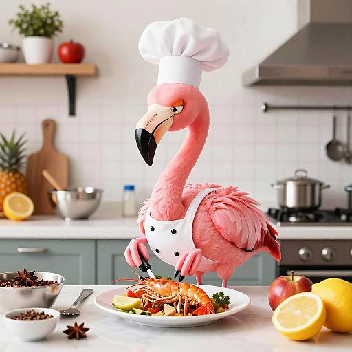 Whimsical Flamingo Chef Preparing Seafood