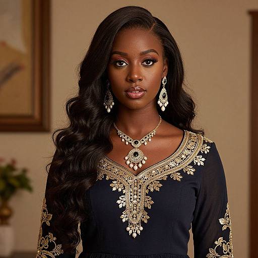 Photograph of a beautiful Black woman with long, wavy black hair, wearing an ornate black dress with gold embroidery, and matching gold jewelry,