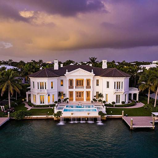 Photograph of a luxurious, white, two-story mansion with a pool, dock, and illuminated windows, set against a dramatic, sunset sky with purple