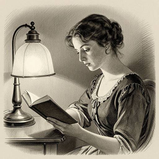 Black-and-white ink drawing of a woman with wavy hair, wearing a Victorian blouse, reading a book under a vintage lamp.