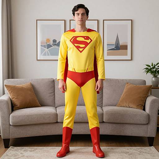 Photograph of a young man standing in a living room, wearing a yellow and red Superman costume with red boots, in front of a gray sofa and