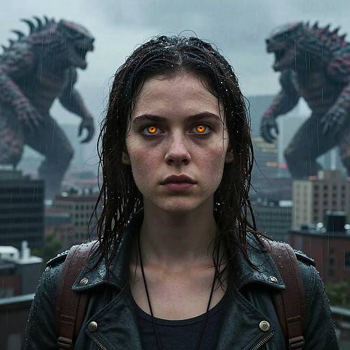 Photorealistic digital artwork of a pale, wet-haired teenage girl with glowing orange eyes, staring forward, standing between two towering Godzilla monsters in a rainy
