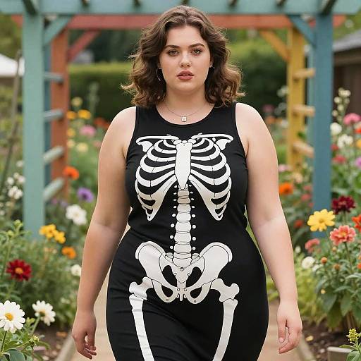 Plus-Size Woman in Skeleton Print Dress in Flower Garden
