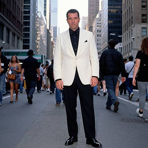 Photograph of a man in a white tuxedo and black shirt standing in a busy city street, surrounded by pedestrians. Urban background with tall buildings
