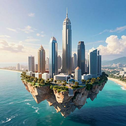 Futuristic floating cityscape with tall skyscrapers, lush greenery, and blue ocean background, illuminated by bright sunlight under a clear sky.