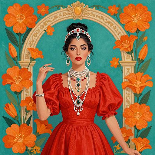 Digital illustration of a dark-haired woman in a red, puffy-sleeve dress, adorned with jewelry, standing before an ornate arch of orange