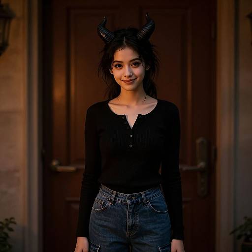 Photograph of a young woman with dark hair, black horns, and a black long-sleeve shirt, wearing high-waisted jeans, standing