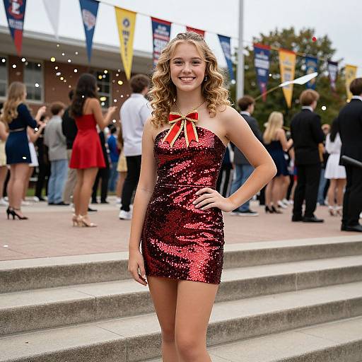 Photograph of a smiling young woman with curly blonde hair, wearing a sparkly red sequin strapless dress with a red bow, standing on outdoor