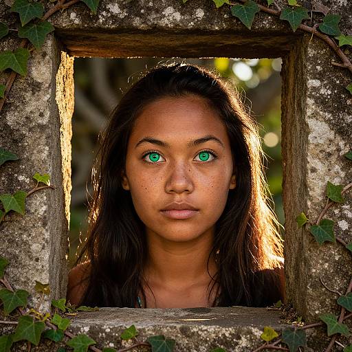 Photograph of a young woman with striking green eyes, brown skin, and long black hair, framed by a weathered stone window with ivy,