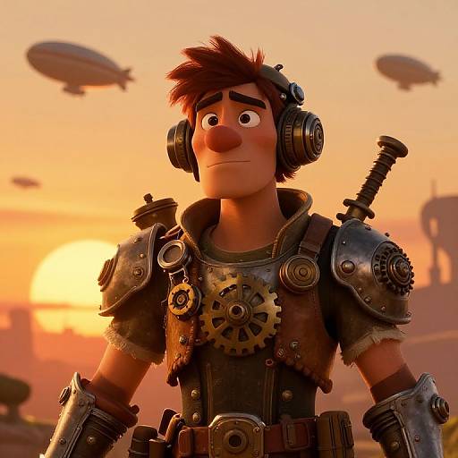CGI image of a surprised, brown-haired, steampunk adventurer with goggles, gears, and armor, set against a sunset sky with airships