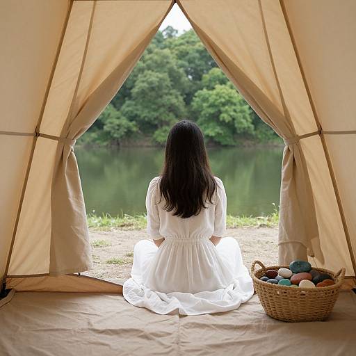 Photograph of a woman with long black hair, wearing a white dress, sitting inside a beige tent, facing a serene lake with green trees outside,