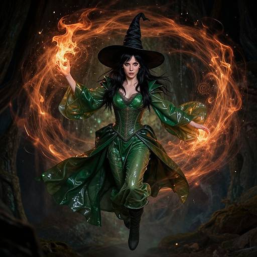 Digital artwork of a dark-haired witch with green, glowing dress, black hat, and swirling orange fire, floating mid-air. Dark, mystical background.