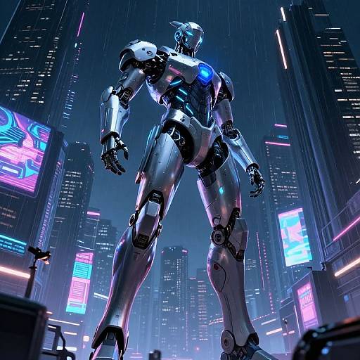 CGI image of a towering, silver robotic warrior with glowing blue accents, standing in a neon-lit, rainy cyberpunk cityscape.