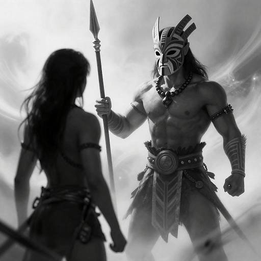 Black-and-White Tribal Warrior Faceoff Scene