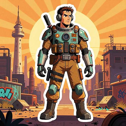 Digital comic-style artwork of a muscular male astronaut in futuristic armor standing in a ruined, graffiti-covered cityscape at sunset.