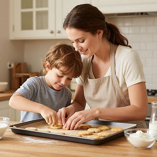 Photograph of a smiling brunette woman in a white apron and short-sleeve shirt, and a young boy with brown hair, baking cookies together