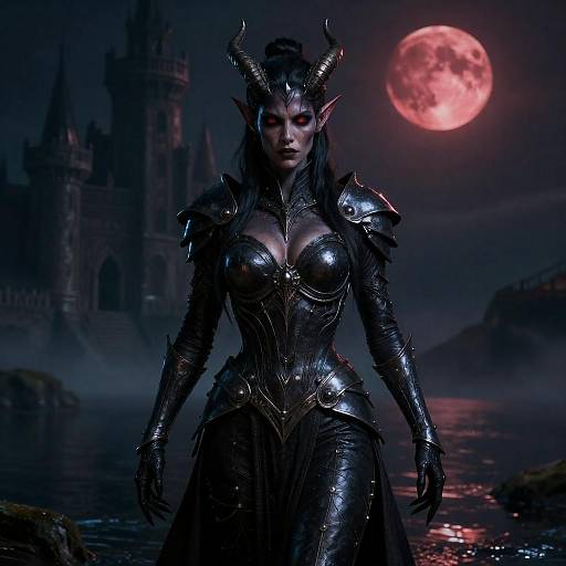 Dark Fantasy Demon Queen with Red Moon