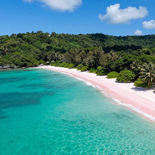 Aerial photograph of a tropical beach with turquoise water, white sand, and lush green forested hills under a bright blue sky with scattered clouds.