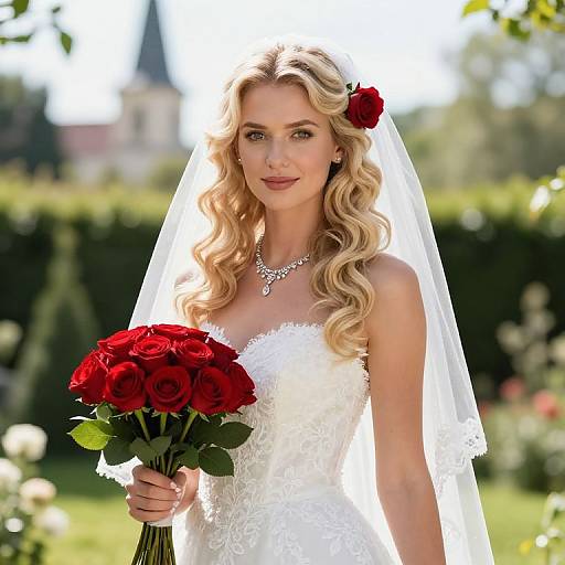 Blonde bride with curly hair, red rose in hair, white lace dress, veil, holding red rose bouquet, outdoors, sunny day.