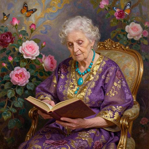 Elderly woman with white curly hair, wearing purple floral robe and turquoise necklace, reads book surrounded by roses and butterflies.