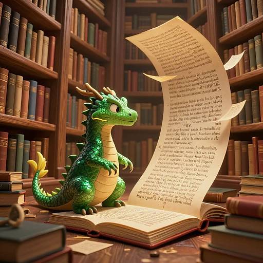 CGI image of a green, cartoon dragon with yellow underbelly, standing on an open book, with a large, glowing page floating above in