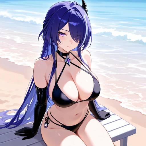 Anime Girl with Purple Hair in Black Bikini at Beach