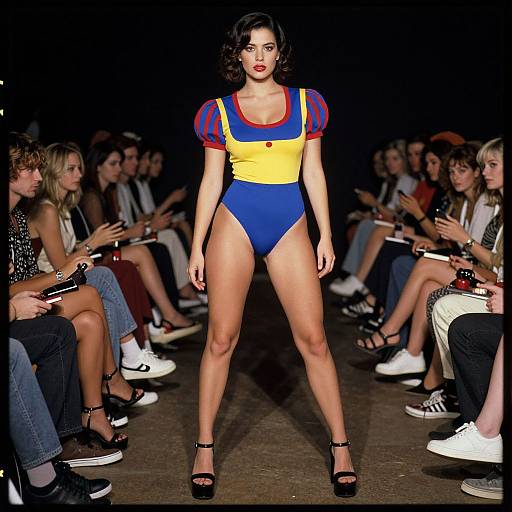 Photograph of a model with dark curly hair, wearing a vibrant yellow, blue, and red Snow White-inspired leotard, strutting down a