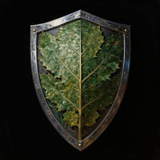 Photograph of a metallic shield with a green leaf pressed inside, showcasing detailed veins against a black background.