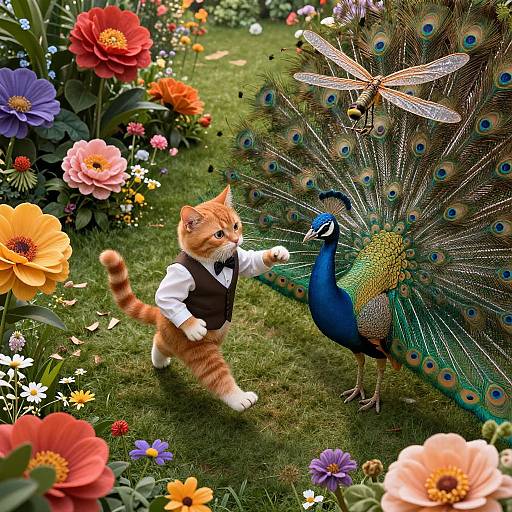 Photograph of an orange tabby kitten in a white shirt and black vest, walking on green grass beside a peacock with an extended fan, surrounded