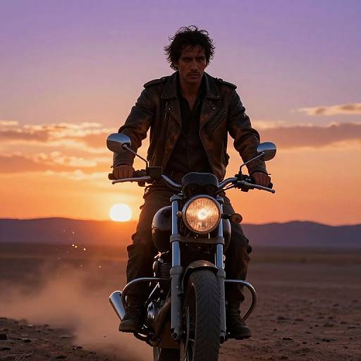 Photograph of a rugged, dark-haired man in a leather jacket riding a motorcycle at sunset in a desert, with dust trailing behind.