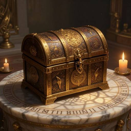 Photograph of an ornate, golden treasure chest with intricate designs, lit by two candles on a marble altar, casting warm shadows.