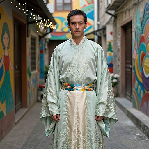 Photograph of a serious young man with short black hair, wearing a light green, intricately embroidered silk robe, standing in a colorful, graffiti-covered