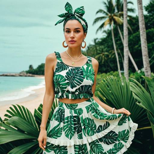 Woman in Tropical Leaf Print Outfit at Beach