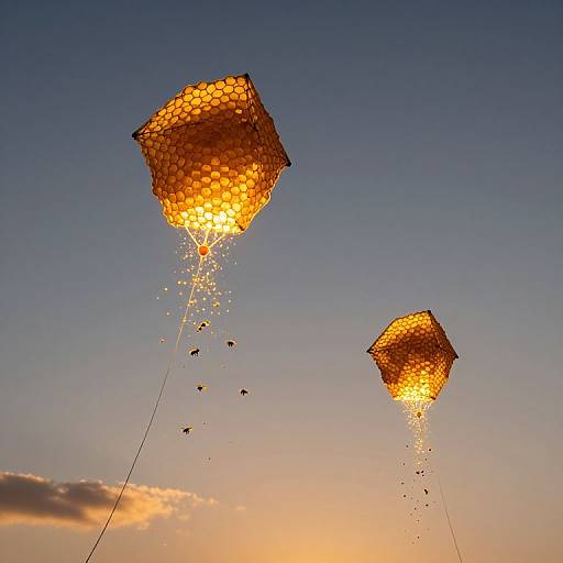 Photograph of two glowing, honeycomb-patterned hot air balloons rising against a twilight sky, with small sparks trailing from their burning fuel.