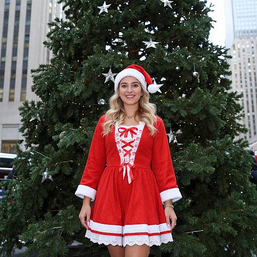 Photograph of a smiling blonde woman in a red Santa dress with white lace, red bow, and Santa hat, standing in front of a decorated Christmas