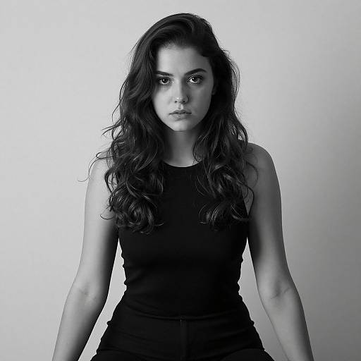 Black-and-white photograph of a serious-looking woman with long, wavy dark hair, wearing a sleeveless black top, standing against a plain white background