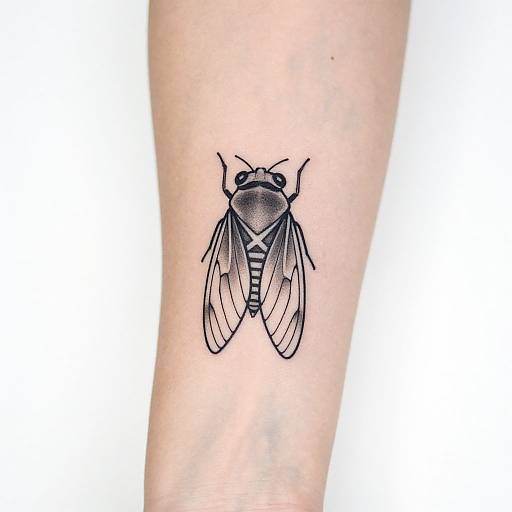 Black ink tattoo of a detailed, realistic fly on pale skin, featuring textured wings and segmented body, centered on a forearm.