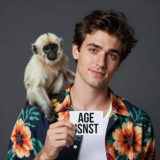 Man with Monkey Holding Age Isn't Card