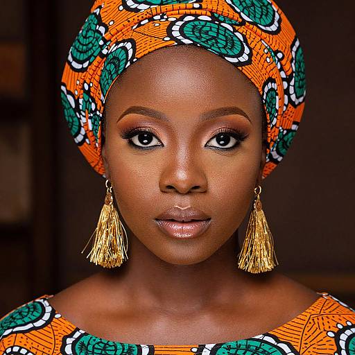 Photograph of a beautiful dark-skinned woman with large brown eyes, wearing an orange and green patterned headwrap, matching dress, and gold t